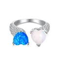 S925 Sterling Silber offener Ring mit blauen und weißen Herz-Opalen besetzt - Einstellbar Offen / Blau und Weiß