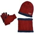 Dark red winter knitted set including beanie, scarf, and touchscreen gloves with fleece lining - Adult Wine Red