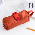 Brick red minimalist large capacity pencil case with dual zippers and buckle strap - Red