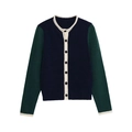 Gebreid vest met contrastkleuren, marineblauwe body, groene mouwen en beige biezen - S / Marineblauw/Groen/Off-white