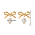 Detailed view of 18K gold bow earrings with 0.8cm pearls showing 2.0cm total height - Bowknot Pearl Earrings (Gold)