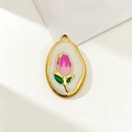Vergoldeter Edelstahlanhänger in Ovalform mit rosa Tulpenblume und weißer Emaille - Typ 2-Tulpe-Rosa