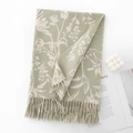 Elegant sage green cashmere-feel winter scarf with cream floral patterns and fringe details - Green