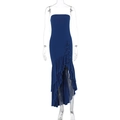 Abito lungo a fascia blu navy con orlo asimmetrico a balze elegante e chic - S / Blu