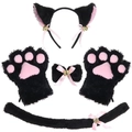 Süßes Katzen-Cosplay-Set in Schwarz-Rosa mit Ohren-Haarreif, Pfotenhandschuhen und Schwanz - 5-teiliges Set / Schwarz