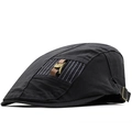 Side detail of black cotton beret featuring brown leather strap and vintage metal buckle - Adjustable / Dark Gray