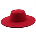 Detailed texture of a red minimalist wide-brimmed wool pork pie hat with a flat top crown - M (56-58cm) / Red