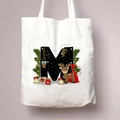 White canvas Christmas tote bag with letter M reindeer print and festive holiday design - Letter M