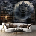 Detalle de un tapiz gótico de Halloween con un castillo oscuro y una figura misteriosa - 150x130cm / Castillo Gótico (S01)
