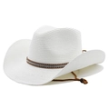 Detail of white straw cowboy hat showing woven texture, studded band and adjustable chin strap - M (56-58cm) / Pure White