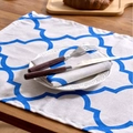 Blue clover geometric pattern linen napkin and placemat set on a rustic wooden table - Blue Rhombus