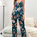 Elegant emerald green silk satin pajama set with orange floral print and V-neck top - S / Green Floral