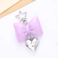 Faux leather keychain with large purple bow, silver heart pendant and star-shaped clip - Star Clasp Leather Bow / Purple