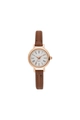 Macro shot of elegant rose gold quartz watch with Roman numerals and brown leather strap - Coffee