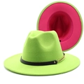 Detail of wool fedora hat with bold two-tone neon pink and green contrast and gold chain link - Fruit Green & Rose Red