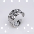 Adjustable silver stainless steel open ring with detailed sunburst pattern relief - b13 Sun Pattern Embossed / Silver