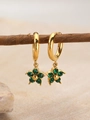 Gold hoop earring with green rhinestone flower pendant hanging on a natural wooden branch - 18K Gold / May Green