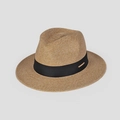 Detailed close-up of woven straw sun hat with black ribbon and metallic logo accent - M(56-58cm) / Khaki + Black