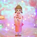 Charming girl doll figurine in pink kimono with a small animal hat and fan - Style 1136-4 Round Fan Small