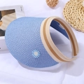 Sky blue straw visor for girls featuring daisy embroidery and open top design - 50-52CM / Blue Daisy Hat / Blue