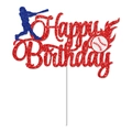 Sparkling glitter baseball Happy Birthday cake topper in vibrant red and blue colors - Happy Birthday Large Cake Topper (J-0123-4) / Red/Blue