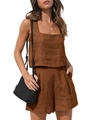 Ensemble 2 pièces femme en lin avec haut à col carré et short taille haute de couleur marron - S / Brun Foncé
