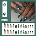 Faux ongles dégradés vert foncé Y2K avec lignes argentées et gouttes d'eau 3D bleues - Vert Foncé Français (W1755) / 24 Pcs/Boîte (Avec Colle)
