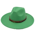 Detailed view of green wool fedora hat with brown braided band and golden feather pendant - Adult (57-60cm) / Grass Green Heart (Gold Feather)