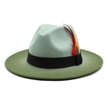 Detail of gradient green wool fedora with black ribbon and a colorful feather accent - M (56-58cm) / Mint Green + Army Green