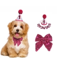 Pink sequin bow tie and birthday hat set with interchangeable 0-8 numbers for pets - Rose Red Hat + Large Bow Tie + Number Set