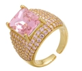Adjustable gold ring featuring a large rectangular pink gemstone with micro-pave accents - Adjustable Open / Gold-Pink Zirconia