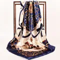 Classic navy blue satin scarf featuring vintage carriage print and golden scroll patterns - 90*90cm / Navy Blue