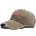 Tan washed cotton baseball cap with vintage flamingo embroidery and distressed texture - Adjustable / Khaki