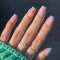 Uñas postizas French azul con diseños florales coloridos en forma cuadrada larga - Patrón floral francés azul (XB-37-11)