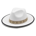 Vintage wool fedora hat in beige with black piping and patterned ribbon band - M (56-58cm) / White with Black Trim