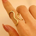 Polished 18K gold-plated stainless steel wavy lava ring with minimalist open design - 18K Gold Minimalist Wave (WG0-1047)