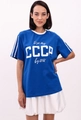 Detailed view of blue cotton T-shirt with CCCP lettering and white sleeve stripes - S / Blue
