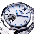 Macro shot of automatic mechanical watch dial featuring blue roman numerals and skeleton window - Silver Stainless Steel Band / White