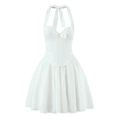Elegant white corset halter mini dress with mesh skirt and bow detail for party - S / White