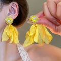 Yellow fabric flower earrings with sparkling accents for trendy summer resort styling - 18# Silver Needle Yellow Fabric Silk Flower Tassel Studs