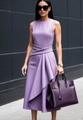 Detail of purple sleeveless dress featuring crossed waist design and elegant draping style - S / Purple
