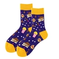 Purple cotton crew socks featuring yellow contrast heels and vibrant pop cake patterns - 36-43 / Purple / Popcorn & Cake (3954C)