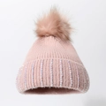 Bonnet en tricot rose pour l'hiver avec pompon en fourrure et strass irisés brillants - Rose