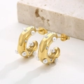 Orecchini a C placcati oro 18K con perle e cristalli su sfondo in pietra - Stile Orecchini a Cerchio a C con Perle e Strass (KE106214-WGJD)