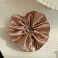 Elegant champagne satin scrunchie with glossy pearl detail and voluminous pleated design - Champagne