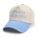 Detail of blue embroidery Literally Just A Girl on a beige and blue cotton baseball cap - Adjustable / Light Blue