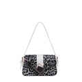 Leopard print crossbody bag with white grey pattern and gold metal buckle on white background - White