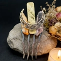 Handmade moon hair comb with yellow, orange, and pink natural crystal stones - Rainbow Crystal