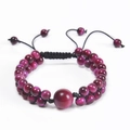Dettaglio del bracciale 6mm a doppio strato in occhio di tigre viola con cordino intrecciato - Bracciale Occhio di Tigre Rosa Rosso