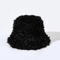 Detailed view of a solid black plush bucket hat featuring soft fuzzy texture for winter - Black